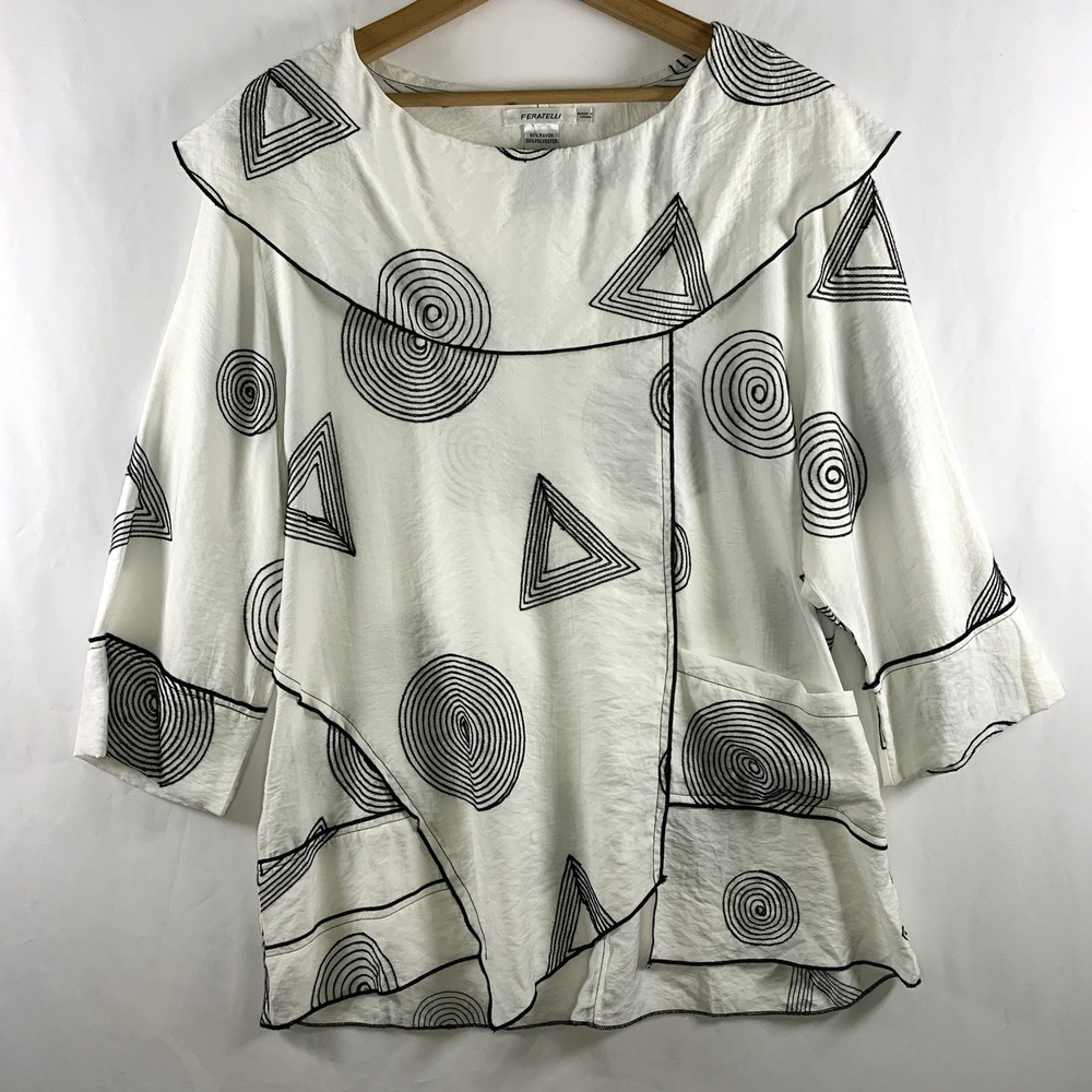 Womens Artsy Lagenlook Geometric Tunic Top Size L Asymmetrical Pocket Boho